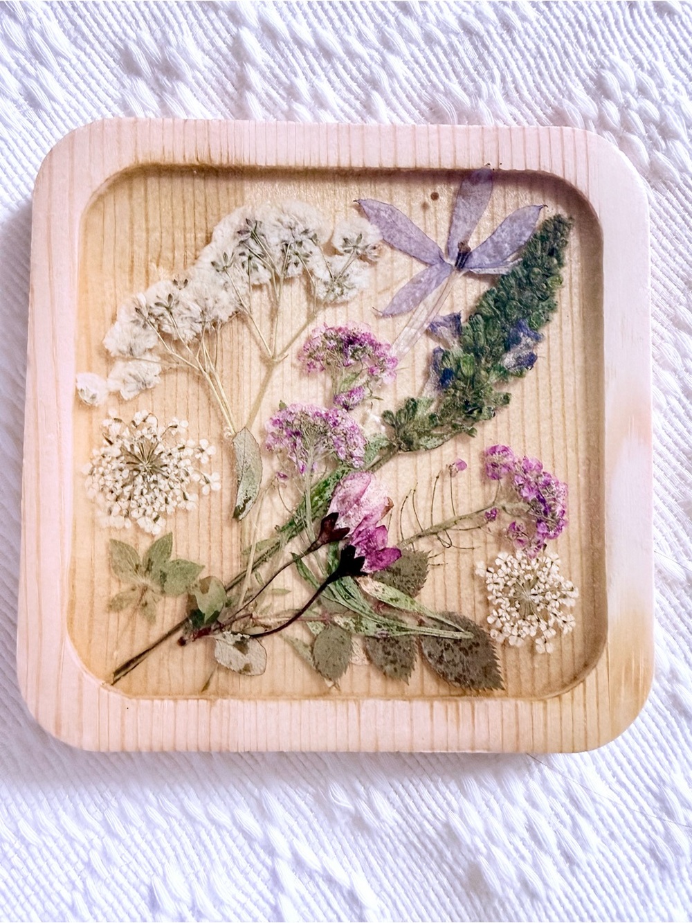 Pressed Flower Wood Coasters - Natural Wood & Pastel Blooms set of 3